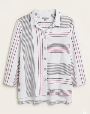 Habitat Button Down Shirt Linen Cotton Striped Tunic Top Womens Small Lagenlook thumbnail 1