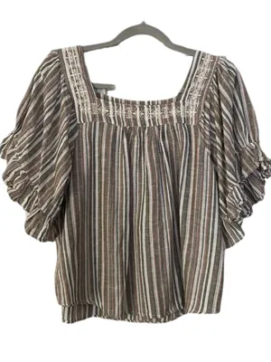 Studio West Brown Multi-Stripe Square Neck Peasant Blouse Linen and Cotton Blend thumbnail 1