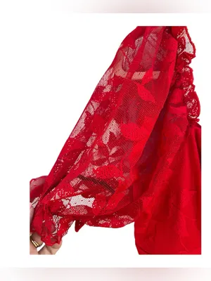 SBetro Plus 2XL Red Lace Overlay Puff Sleeve Sweetheart Mini Dress Coquette NWT thumbnail 5