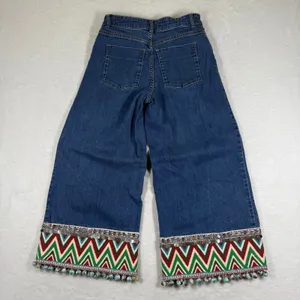 Alice + Olivia Wide Leg Jeans Blue Denim Boho Embroidered Pom‎ Pom Hem Size 25 thumbnail 11