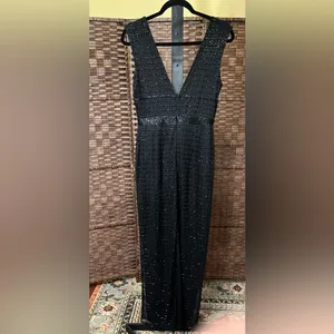 Mac Duggal 5625 Black Beaded Cap Sleeve V Neck Column Evening Gown Dres - Size 4 thumbnail 4