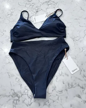 NWT Quince Black Italian V Neck Bikini Top & High Rise High Leg Bottom Medium thumbnail 1
