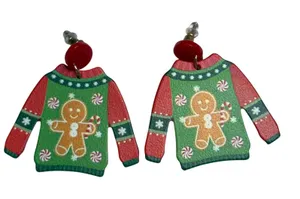 Ugly Christmas Sweater Earrings Gingerbread Man Green‎ Red Holiday Novelty thumbnail 1