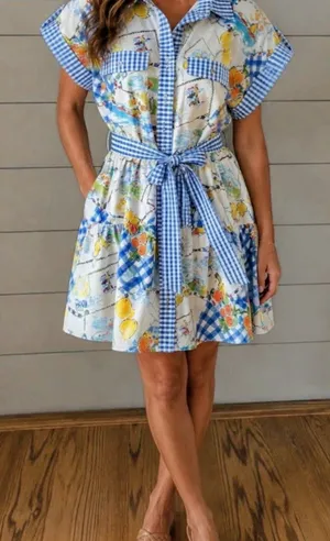 entro Blue & Yellow Capri Print Gingham Shirt Boutique Dress thumbnail 1