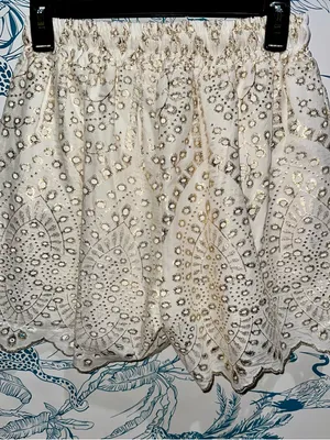 High-Waist Cream Embroidered Eyelet Shorts with Gold Accents thumbnail 2