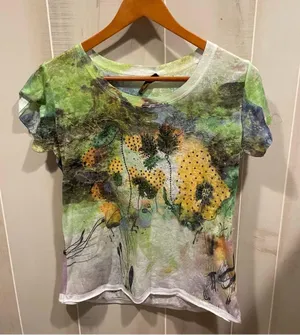 Cute vintage Y2K floral burnout bling top short sleeve mountains wildflower moss thumbnail 1