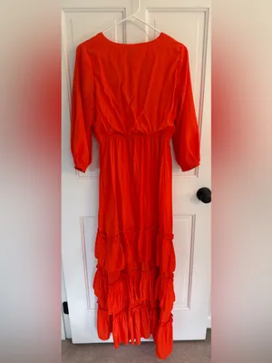 CHICWAYS Orange Ruffle Maxi Dress Boho Tiered Long Sleeve Size M thumbnail 5