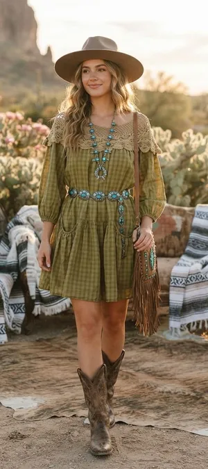Entro Olive Green Gingham & Crochet Boho Tunic Dress S thumbnail 1