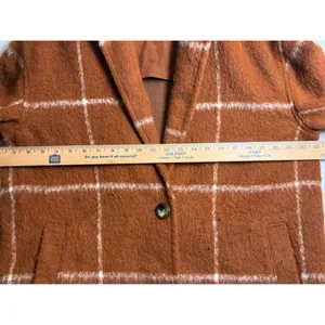 Old Navy Womens Long Windowpane Plaid Coat Rust Orange Boucle Overcoat Large thumbnail 6