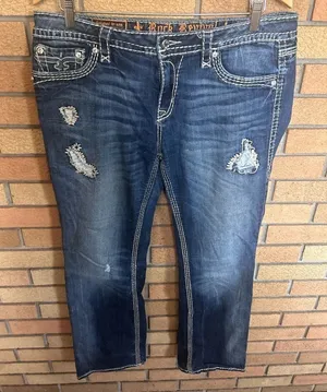 Rock Revival Vivian Easy Boot Distressed Rhinestone Embroidered Jeans Size 32 thumbnail 1