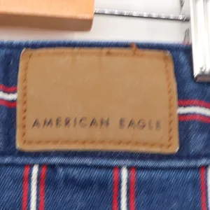 American Eagle Denim Mini Skirt Womens Blue Red Stripe Raw Hem Stretch‎ Size 2 thumbnail 5