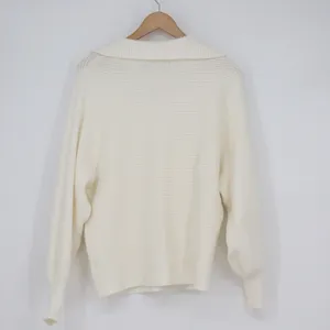 ZESICA Womens Off White Ribbed Knit Collared V-Neck Pullover Sweater Size L thumbnail 5