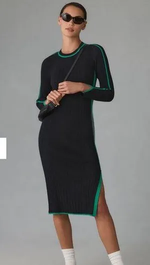 DAILY PRACTICE ANTHROPOLOGY Long-Sleeve Black Green Sporty Sweater Dress NWT XL thumbnail 1