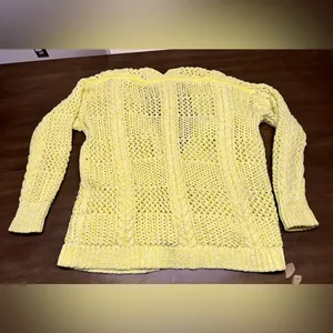 A by ANTHROPOLOGIE Cable Knit Yellow- White CARDIGAN, 73% Cotton, Size M/L thumbnail 8