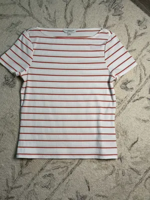 Liverpool Los Angeles White & Red Striped Rib Knit Top XS | Stretch Boat Neck thumbnail 2