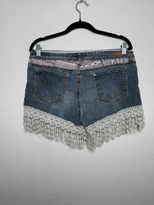 LEI Y2K Boho Denim Shorts with Lace Fringe thumbnail 4