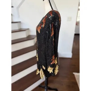 Vintage 90s Black Gold Fall Leaf Pattern Silk Sequin Long Sleeve Shift Dress thumbnail 4