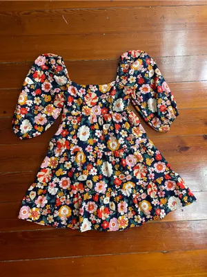 KARLIE Floral Poplin Cotton Tiered Tie Back Smocked Puff Sleeve Dress Sz S 💚🎀 thumbnail 7