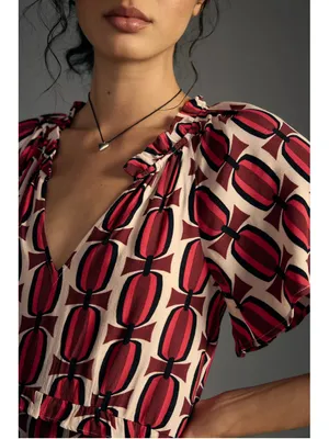 Anthropologie Robin Tiered Mini Dress Women’s Size M Red Beige Geometric Print thumbnail 4