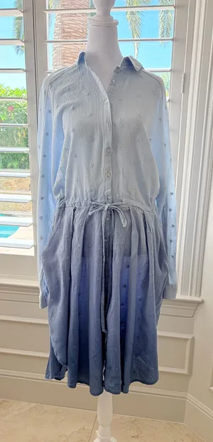 Free People Blue Ombre Button-Front Long Sleeve Dress 100% Cotton thumbnail 1