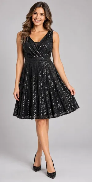 GRACE KARIN Black Sequin Fit & Flare Cocktail Dress Size L thumbnail 1