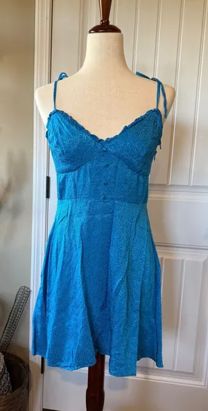 ZARA Blue Leopard Print Ruffle Spaghetti Strap Mini Dress Size M‎ thumbnail 1