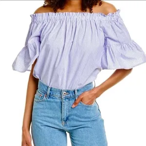 Kate Spade‎ Broome Street Off Shoulder Blue White Striped Bell Sleeve Top M thumbnail 1