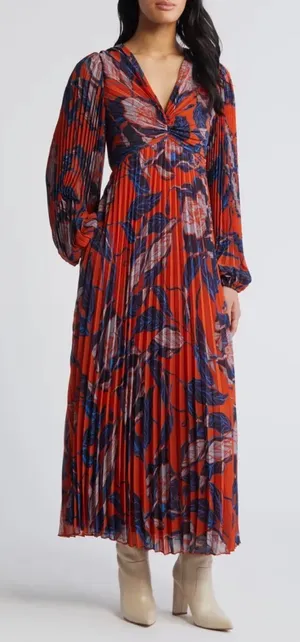 NWT Chelsea28 Floral Print Pleated Long Sleeve Dress Rust Blue Floral Sz XS $149 thumbnail 1
