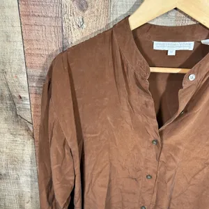 Preston & York Womens M 100% Silk Brown Oversized Button Down Longline Tunic Top thumbnail 2
