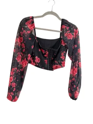 Women's Lulus Black Red Floral Mesh Long Sleeve Crop Top S thumbnail 3