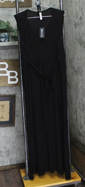 24seven Comfort Apparel Sleeveless Maternity Maxi Dress with Belt Black 1X thumbnail 1