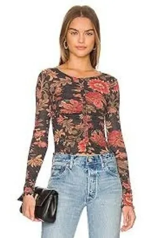 Free‎ People Long Sleeve Top Womens XS Grey Red Floral Ruched We The Free Boho thumbnail 1