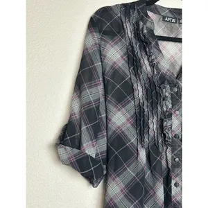 APT 9 Women's L Black Plaid‎ Ruffle Sheer Top w/ Black Tank Top Soft Goth Grunge thumbnail 10