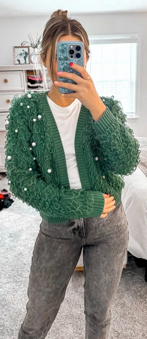 Mighty fine Forest green cardigan with pearl details thumbnail 1
