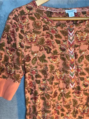Sundance floral orange 3/4 sleeve waffle knit Henley top‎ small cotton twilight thumbnail 2