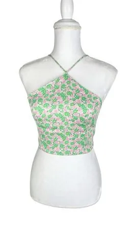 Zara Pink Green Floral Satin Halter‎ Spaghetti Strap Crop Top Size Small thumbnail 1