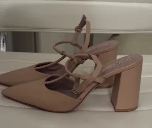 Deltan Tan Nude Pointed‎ Toe Multi Strap Block Heel Pumps Womens thumbnail 1