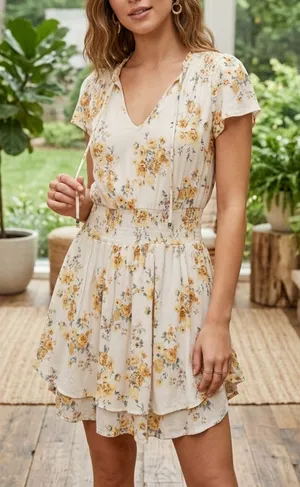 Love Crazy Women's M Cream Floral Smocked-Waist Mini Dress V-Neck/Ties Front thumbnail 1
