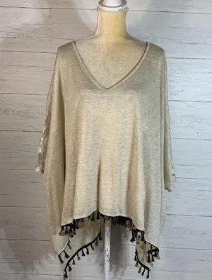 Knit lightweight poncho top lace detail fringe S/M oversized womens thumbnail 1