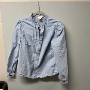 H&M Ruffle Collar Button Down Shirt Womens Small Light Blue Cotton‎ Puff Sleeve thumbnail 2