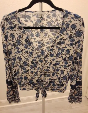 American Eagle Outfitters L Crop Top Blue & White Ditsy Floral Tie Front Top thumbnail 1