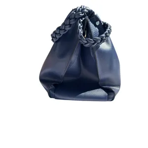 Navy Blue Triple Compartment‎ Tote Bag Classic Elegant Braided Handles Gold Logo thumbnail 7