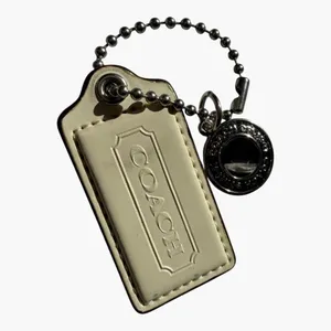 Coach Cream Leather Hangtag Keychain Bag Charm Logo Tag Silver Tone 2.5” Y2K thumbnail 2