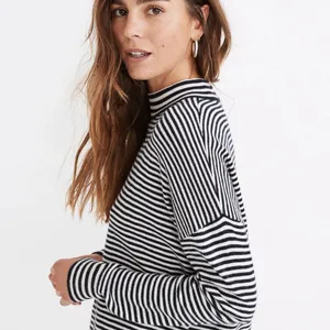 Madewell Stripe-Mix Ashbury Mockneck Sweater Dark‎ Indigo Navy Blue & White XXS thumbnail 3