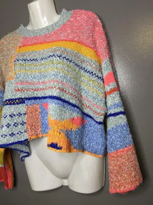 Sincerely Jules Sweater Womens Small Multicolor Patchwork Chunky Knit Cropped thumbnail 5