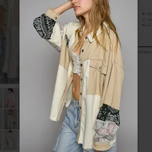 L POL Beige Cream Patchwork Long Sleeve Button Shirt Jacket thumbnail 2