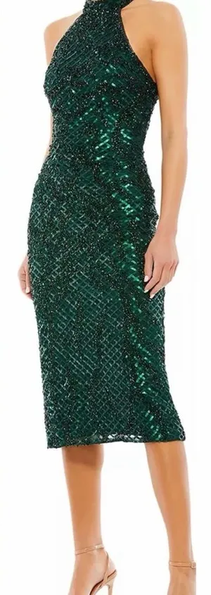 NEW Mac Duggal Embellished Sequins Halter Neck Midi Bottle Green Dress sz 6 thumbnail 1