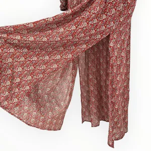 Umgee Burgundy Ditsy Floral Print Maxi Dress with Slits size Large Long Sleeves thumbnail 7