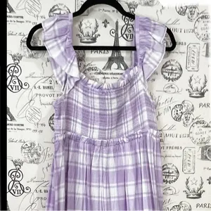 Main Strip Smocked linen type gingham plaid dress thumbnail 10
