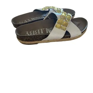 Sam & Libby white Sandals Yellow Rhinestone Coastal Birkenstock style slides thumbnail 4